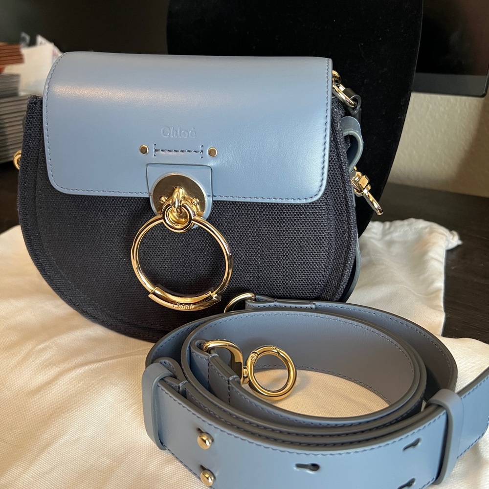Chloe blue and Dark Navy Crossbody Bag with Gold Accents